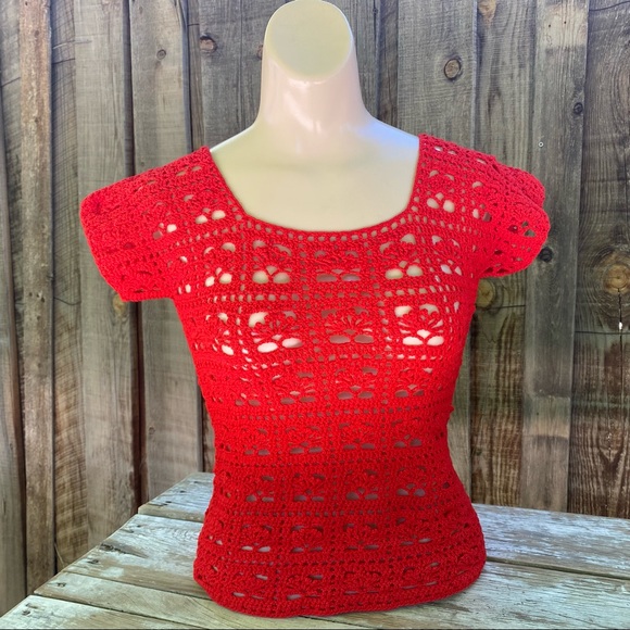 Vintage red crochet top, hollow knit, peek a boo retro shirt, Valentines, XS - Picture 2 of 14